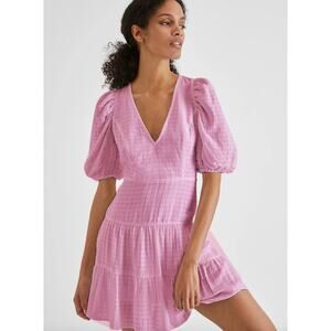French Connection Birch Gingham Puff Sleeve Tiered Mini Dress Size 6 Mauve Pink